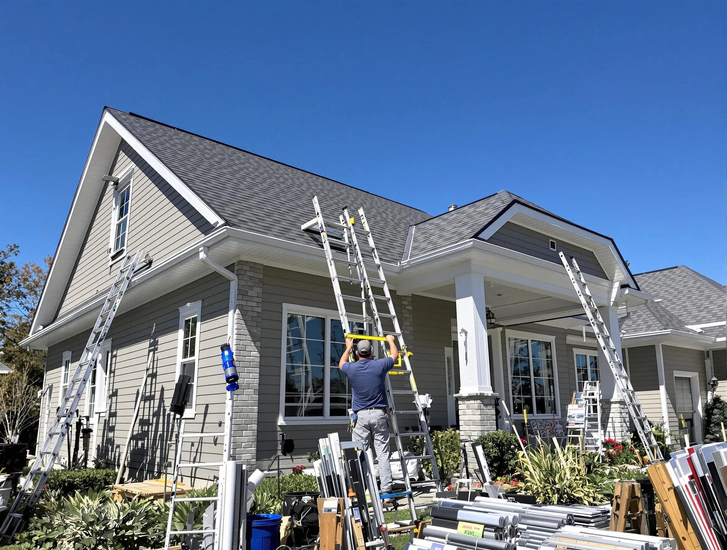 Mayfield Heights Roofing Company fitting rain gutters at a home in Mayfield Heights, OH
